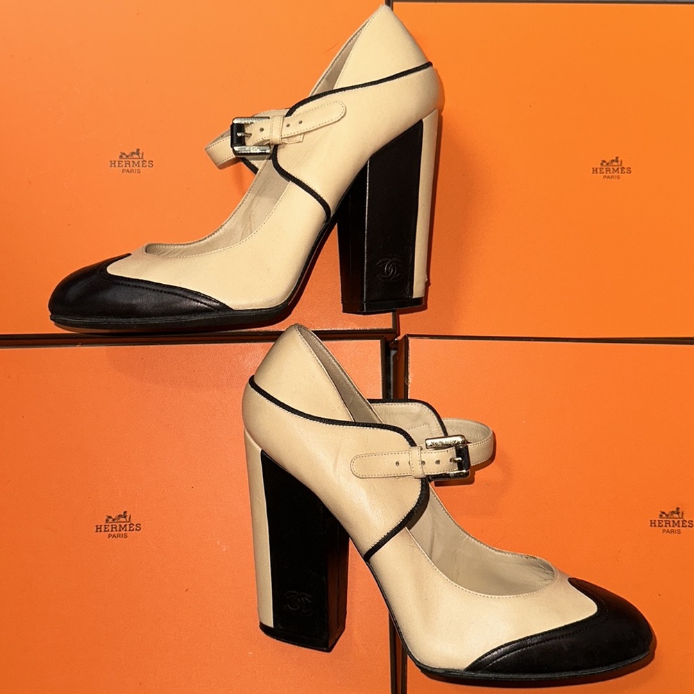 Chanel Runway Two Tone Black Beige Mary Jane Heels